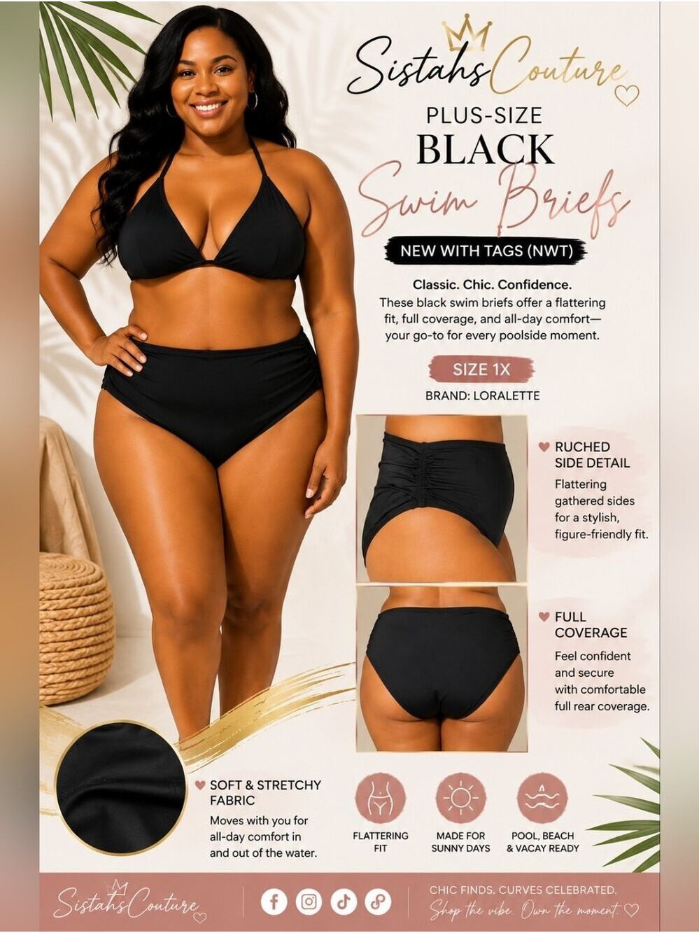 Loralette Plus-Size Black Swim Briefs | Classic Full Coverage Swim Bottoms - Picture 2 of 5